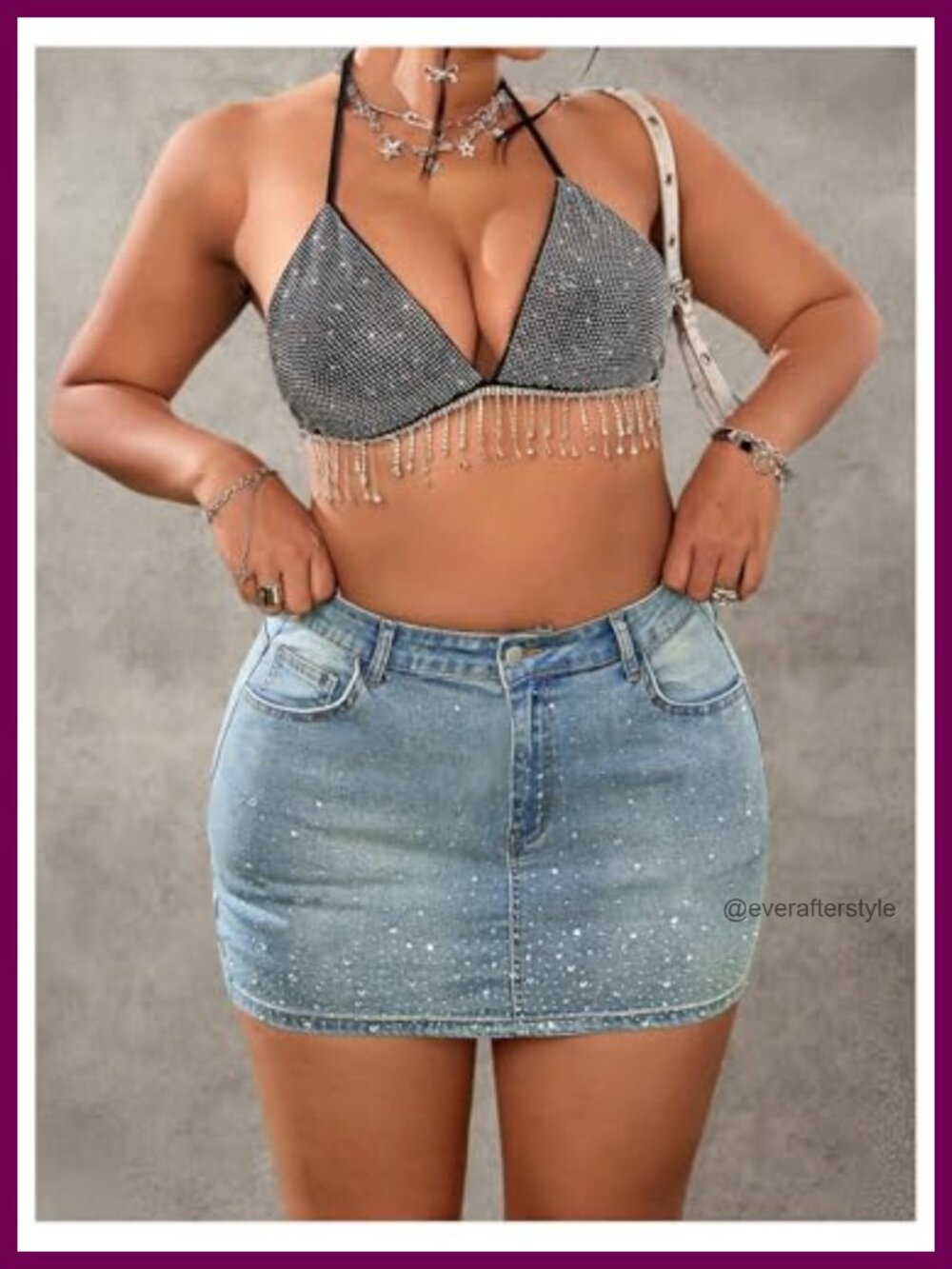 Plus Size High Rise Mini Denim Skirt Rhinestone Stretch - Picture 4 of 4